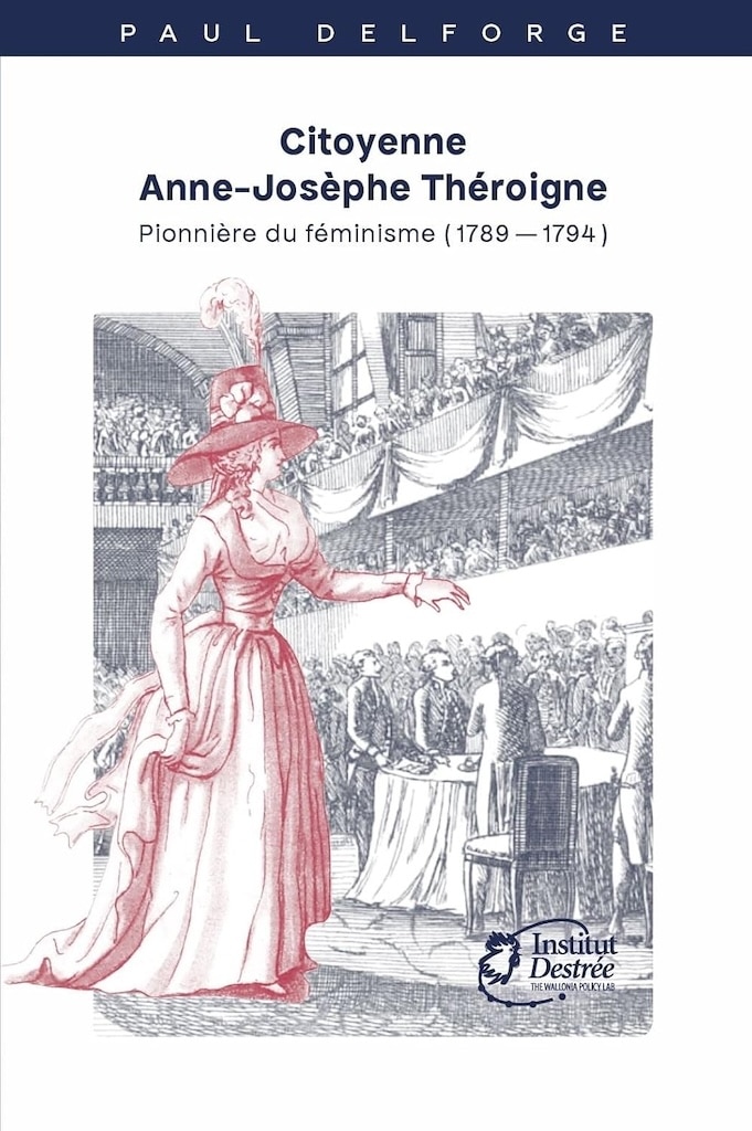 Illustration de la couverture du livre Theroigne de Mericourt avec un dessin d'une femme en robe d'époque en rouge