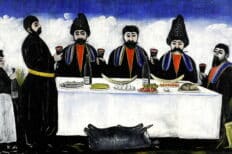 Fresque de cinq Géorgiens assis à une table avec un verre dans les mains
