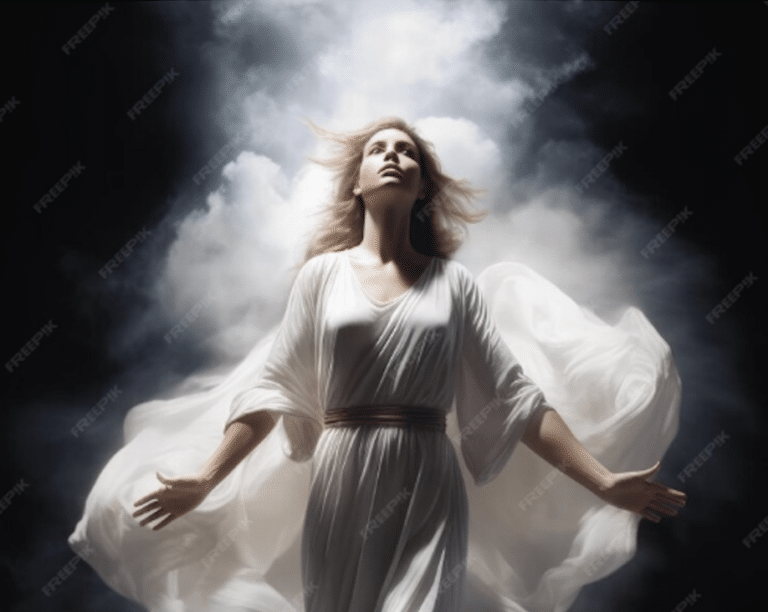 Image d'une femme avec un halo blanc derrière elle, avec une robe blanche les bras écartés et la tête regardant vers le ciel