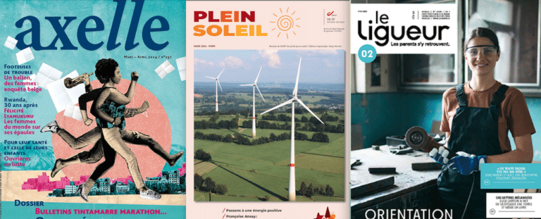 Couvertures des magazines axelle (une personne à plusieurs jambes et plusieurs bras qui court de profil), Plein Soleil (des éoliennes dans un champ) et Le ligueur (une femme en tenue de travail avec une scie dans les mains)