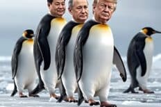 Plusieurs manchots empereurs sur la glace. Sur leurs têtes sont collés des images de Donald Trump et Poutine