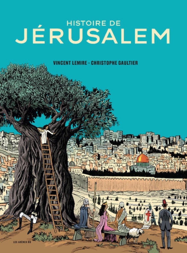 Couverture du livre de Vincent Lemire, Histoire de Jérusalem, avec un arbre et des personnes dessinées dessus