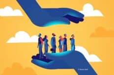 Illustration de personnes situées entre deux mains avec des nuages derrière elles