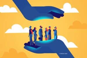 Illustration de personnes situées entre deux mains avec des nuages derrière elles