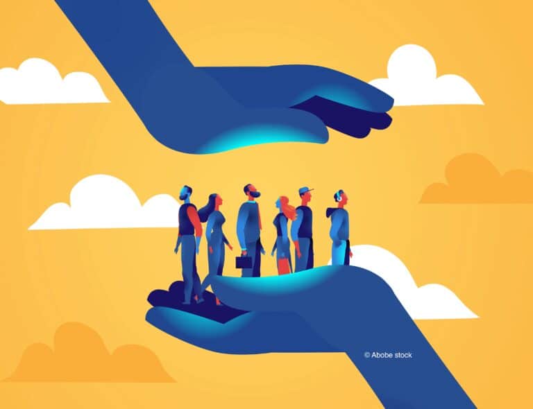 Illustration de personnes situées entre deux mains avec des nuages derrière elles