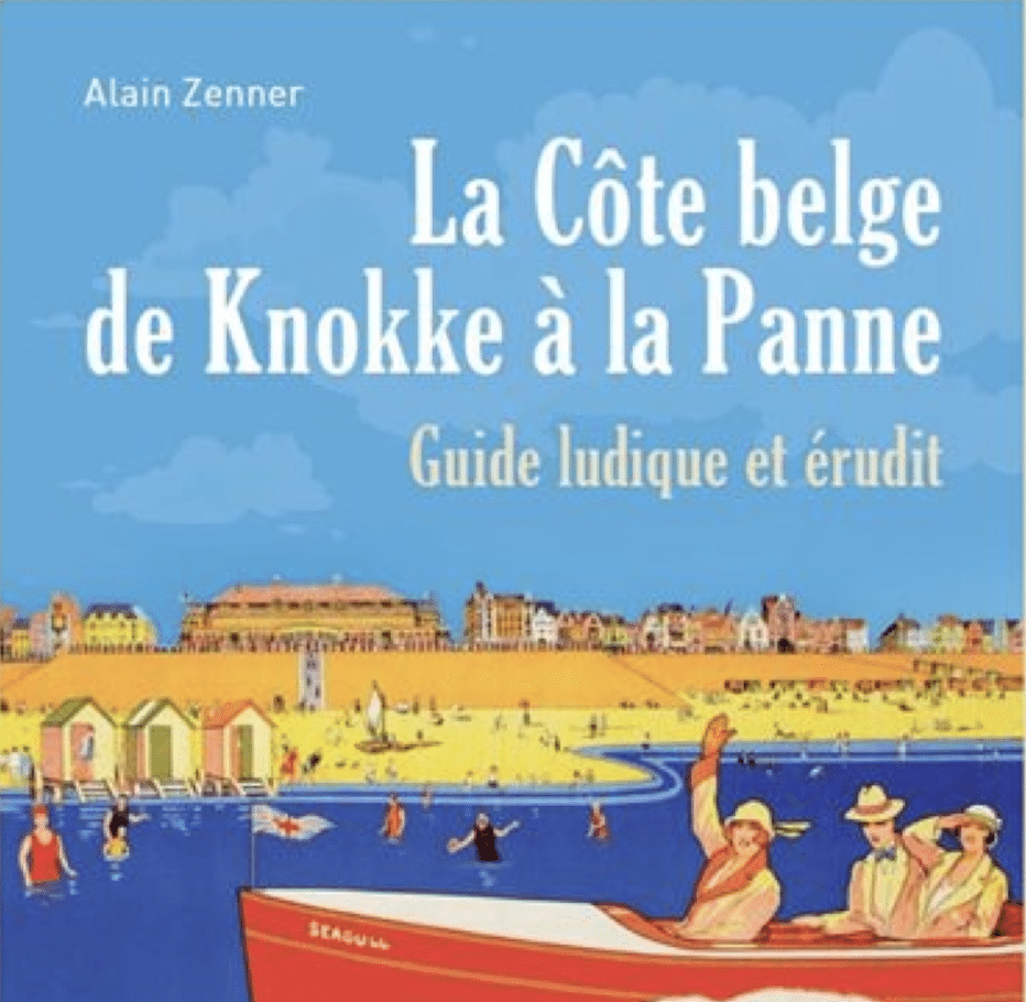 Couverture du livre "La Côte belge de Knokke à la Panne" avec un dessin d'un petit bateau et des personnages dans l'eau