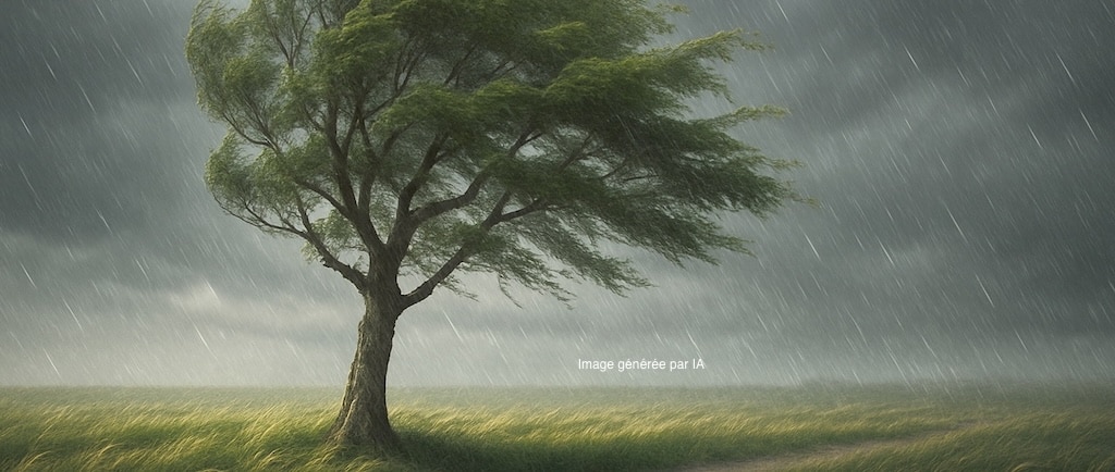 Image d'un arbre avec du vent et de la pluie