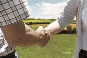 Deux personnes se serrant la main, devant un champ