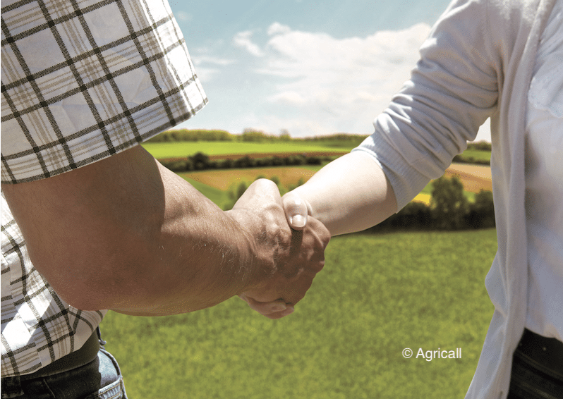 Deux personnes se serrant la main, devant un champ