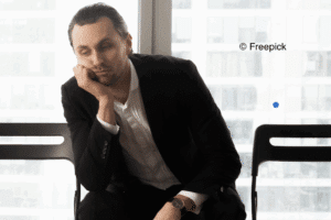 Image d'un homme assis en costume sur une chaise, la main sous la tête