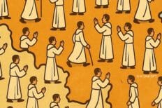 Illustration d'une carte de la Belgique avec des personnages en robe blanche représentés