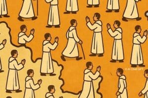 Illustration d'une carte de la Belgique avec des personnages en robe blanche représentés