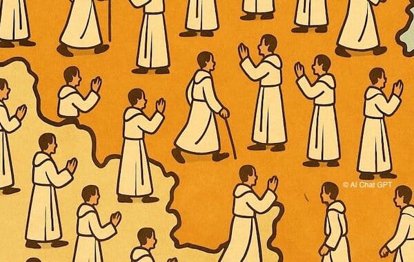 Illustration d'une carte de la Belgique avec des personnages en robe blanche représentés