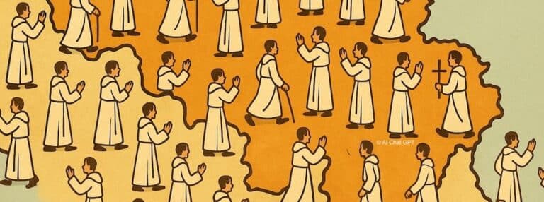 Illustration d'une carte de la Belgique avec des personnages en robe blanche représentés