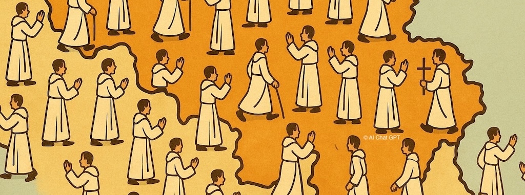 Illustration d'une carte de la Belgique avec des personnages en robe blanche représentés