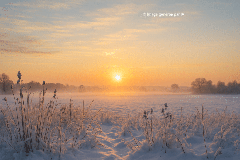 Image d'un coucher de soleil devant un paysage enneigé