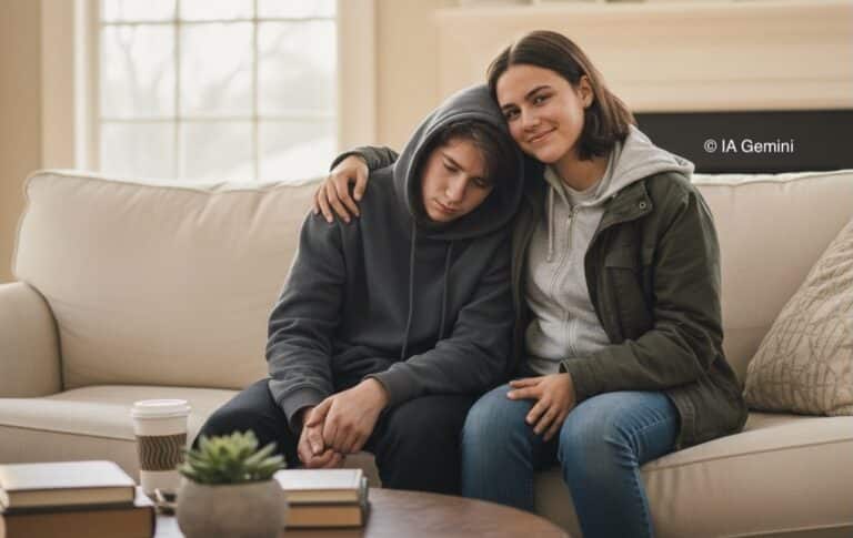 Une femme tient par le bras un jeune homme dans un canapé