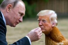 Image générée par l'IA montrant Poutine donnant à manger à une poule dont le visage est celui de Trump