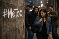 Une femme se promène dans la rue et sur le mur est inscrit #MeToo