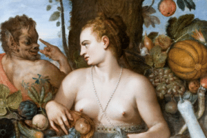 Peinture avec une femme la poitrine nue et un être au visage défiguré à côté d'elle