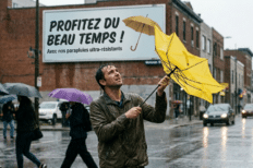 Un homme sous la pluie qui tient un parapluie qui s'est retourné