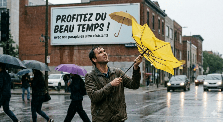 Un homme sous la pluie qui tient un parapluie qui s'est retourné
