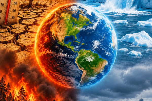une terre avec à gauche un climat aride qui brule et à droite une fonte des glaces
